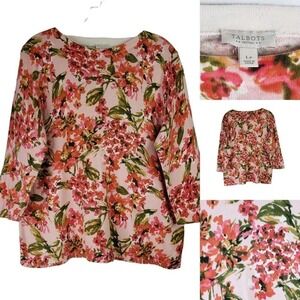Talbots Sweater Women's Large Petite Pink Floral Print 3/4 Sleeve Pullover
